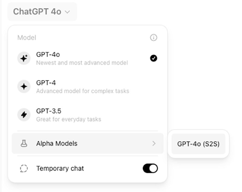 据蓝点网消息，名为 「GPT-4o (S2S)」的新模型出现在 ChatGPT 的 Alpha Models 选项中